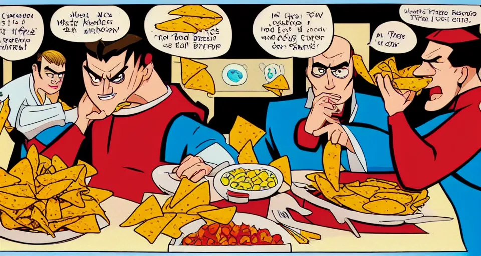 Prompt: a comic book illustration of a priest eating nachos by Bruce Timm