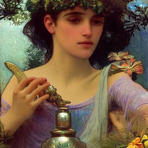 Image similar to Close up of the girl's chalice, refracted sparkles, thunderstorm, greek pool, beach and Tropical vegetation on the background major arcana sky, by paul delaroche, alphonse mucha and arnold böcklin, hyperrealistic 8k, award-winning, very very very detailed