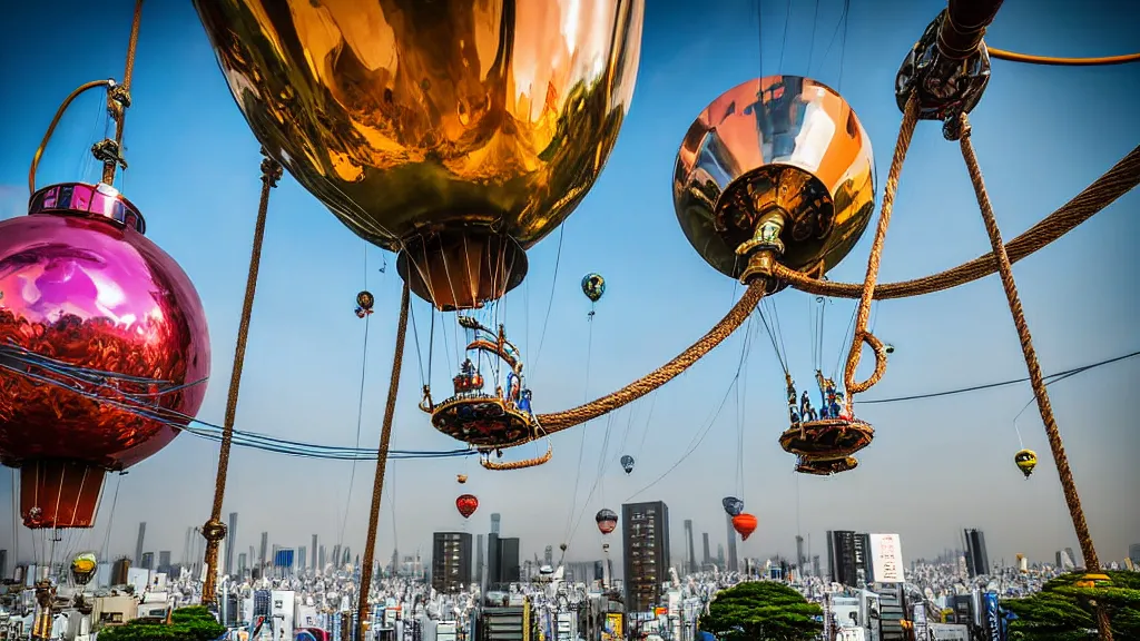 Image similar to large colorful futuristic space age metallic steampunk steam - powered balloons with pipework and electrical wiring around the outside, and people on rope swings underneath, flying high over the beautiful tokyo city landscape, professional photography, 8 0 mm telephoto lens, realistic, detailed, photorealistic, photojournalism