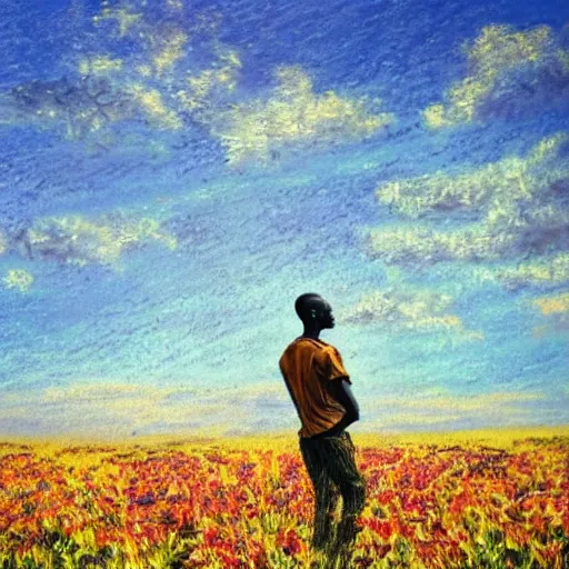 Image similar to an east african man in a vast field of flowers, looking off into the sunset, relaxing, wide shot, golden hour, vintage, impressionist painting, fine art, oil painting, dreamy, pastel, laughing, happy, intricate details, sharp, peaceful, serene