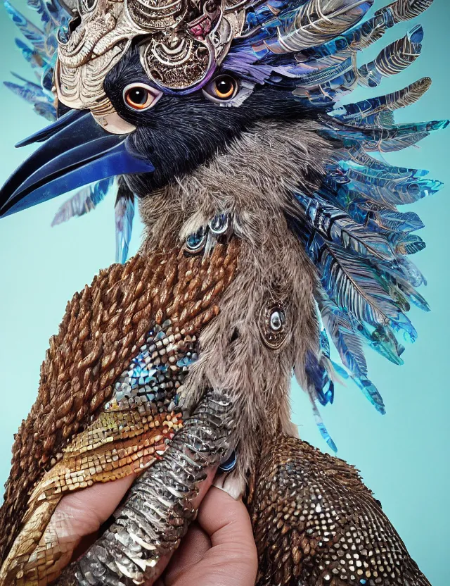 Image similar to 3 d goddess close - up profile portrait with feathers, fur, and bones wearing a beautiful intricately detailed kookaburra mask and retrowave sorceress outfit. lizard scales, reflective chitin, optical mineralogy, songlines, plasma, creature, artwork by tooth wu and android jones wlop and android jones and beeple and greg rutkowski