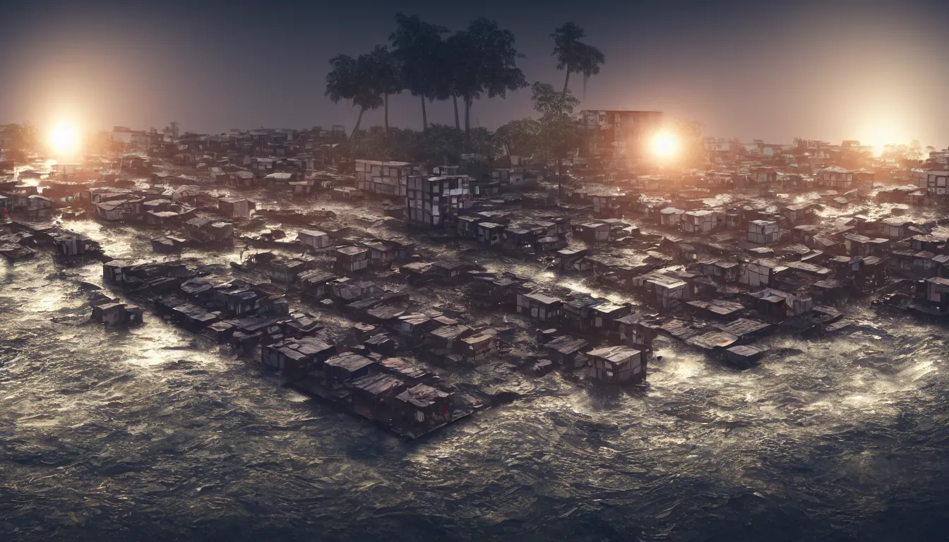 Prompt: Slum housing emerging from crashing tidal wave landscape, volumetric light , full colour ,4k