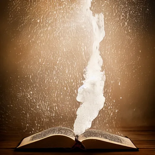 Prompt: studio photography of bible with a geyser of water bursting out of it