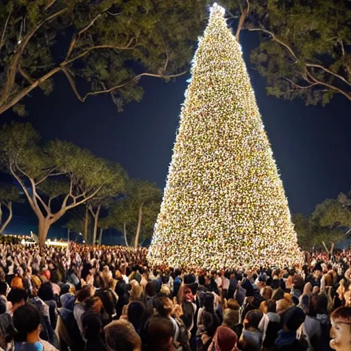 Prompt: a large crowd of people looking up at a large screen with tree displayed