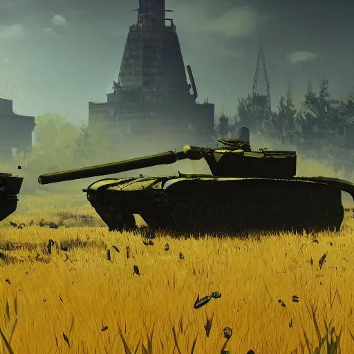 Prompt: a high resolution very detailed image of russian tank boss fight from nier : automata in yellow rye field under pure blue skies