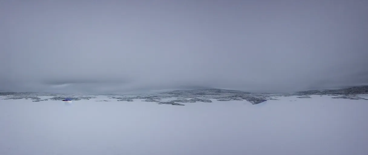 Image similar to a high quality color creepy atmospheric extreme wide angle shot hd 4 k film 3 5 mm photograph of a total white out blizzard in a desolate antarctica landscape