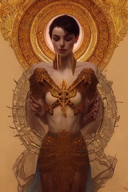 Image similar to a full body portrait of a beautiful ethereal delicate babylonian mage queen meditative sacral pose catholic stages of the cross, intricate, elegant, highly detailed, digital painting, artstation, concept art, smooth, sharp focus, illustration, art by krenz cushart and artem demura and alphonse mucha