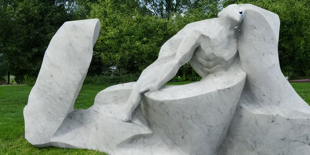 Image similar to a city park abstract statue, carved in marble, photorealistic