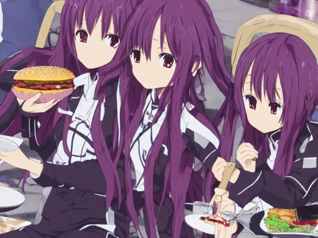 Image similar to yuuki konno from sword art online eating a big burger and being happy, purple hair, High Definition detail, 8K, anime