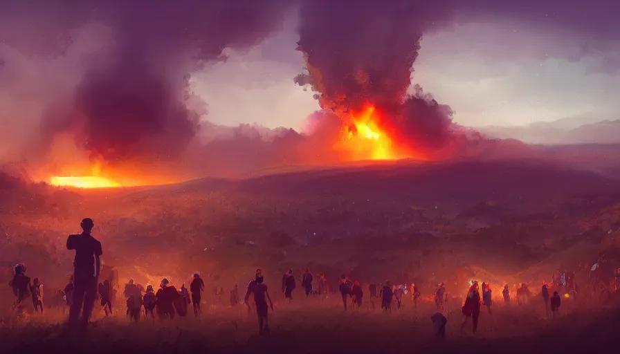 Image similar to people on a hill watching humongous explosion in the distance at night, hyperdetailed, artstation, cgsociety, 8 k