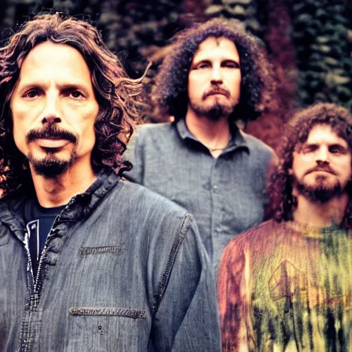 Prompt: promotional photo of the band soundgarden in their hometown of seattle, extremely detailed, closeup on chris cornell, colorful, sunlit, dusk