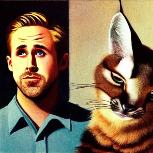 Prompt: Ryan Gosling holding a cute caracal, in the style of Edward Hopper and Rene Magritte, highly detailed