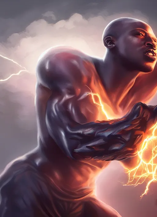 Image similar to a highly detailed illustration of short fade hair african god of lightning, evil summoning lightning from hands pose, moonlit clouds background, muscular, intricate, elegant, highly detailed, centered, digital painting, artstation, concept art, smooth, sharp focus, league of legends concept art, WLOP