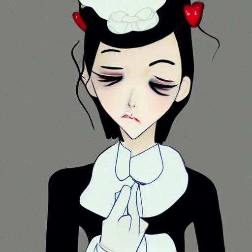 Prompt: full body painting of grumpy handsome thin beautiful man in his 2 0 s named min - jun in a french female maid outfit, modern clothing, elegant, clear, painting, stylized, delicate facial features, stylized thin lines, soft but grumpy, highly detailed, art, art by egon alphonse