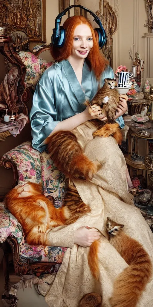 Image similar to a stunning hyper-detailed photorealistic painting of only one slender beautiful smiling woman with long ginger hair and bangs, wearing a luxurious silk robe, wearing headphones and posing with her large ginger tabby cat and her raccoon and parrots in an overstuffed easy chair in her sunlit victorian living room, holding a porcelain parrot-shaped coffee mug and a donut, perfect eyes, fashion photography, cinematic lighting, octane render, IBEX Masters, unreal engine, 85 mm lens,