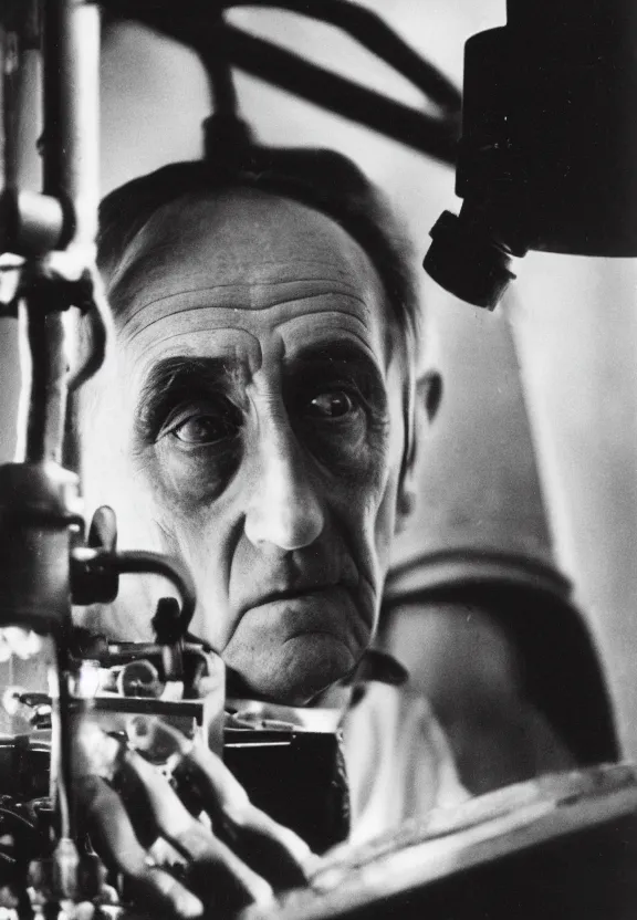 Image similar to a close - up portrait of marcel duchamp working on a machine, 1 9 2 0 s monochrome snapshot, graflex 4 x 5, f 1. 8, 3 5 mm, ilford delta 3 2 0 0 pro