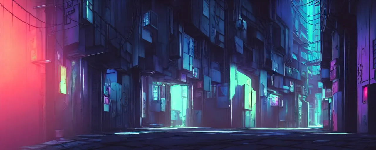 Image similar to a close up of a city alleyway in the atmospheric cyberpunk anime film, gouache matte background painting, neon noir, at night with lights, by makoto shinkai, in the anime series ergo proxy, beautiful specular edge highlights and rim lighting