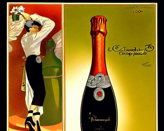 Prompt: melchizedek champagne bottle. leonetto cappiello, pur champagne damery, 1 9 0 2.