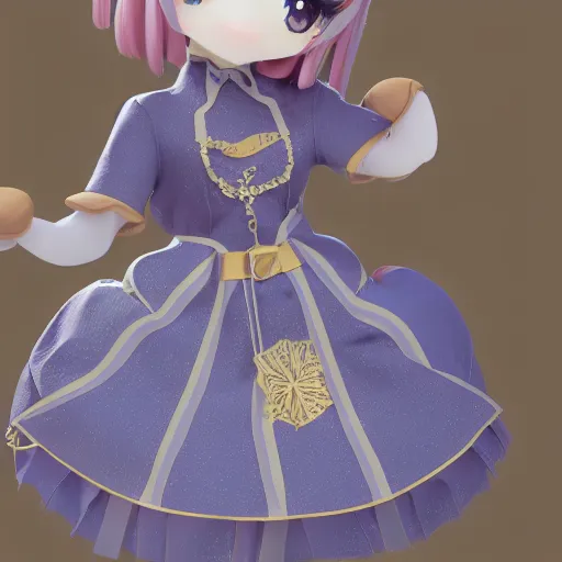 Image similar to cute fumo plush of a girl in a blue and gold patterned dress, stylized material bssrdf, cel shading, vray, anime girl