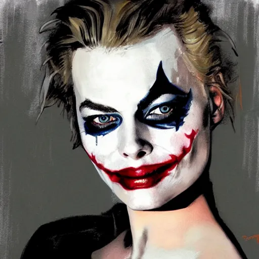 Image similar to portrait of margot robbie with light joker make up, artwork by guy denning and charlie bowater,