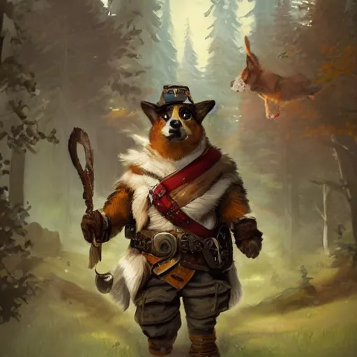 Prompt: corgi ranger, d & d character art, fantasy, hyperrealistic, extremely detailed digital illustration, greg rutkowski, artgerm, trending on artstation, masterpiece, award - winning, 8 k