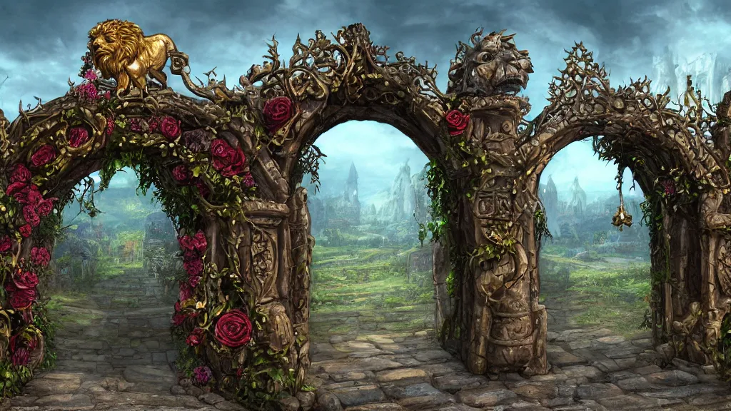 Prompt: A giant medieval fantasy gate with an gold carved lion face at the center in the middle of a beautiful fantasy landscape, vines with thorns around the gate, roses and all kinds of flowers, vivid vegetation, pastel color tones, clear clean, HD, illustration, epic, fantasy, intricate, elegant, highly detailed, digital painting, artstation, concept art, smooth, wallpaper, digital 2D, painterly style, high contrast, golden ratio, rule of thirds, Studio Ghibli, art by artgerm and greg rutkowski and alphonse mucha and jin xiaodi