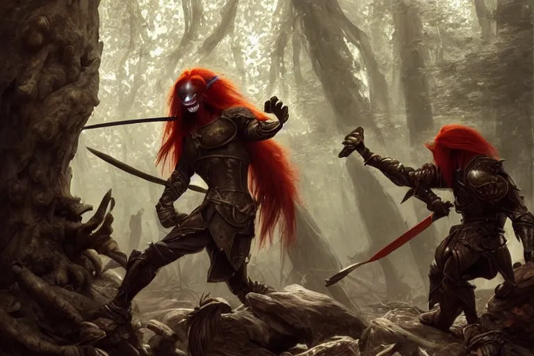 Prompt: male wood elf with long red hair wearing an eye patch and leather armor fighting a stone troll, in mysterious forest, dusk, fantasy, intricate, elegant, highly detailed, digital painting, artstation, concept art, matte, sharp focus, illustration, art by roberto ferri and greg rutkowski and alphonse mucha