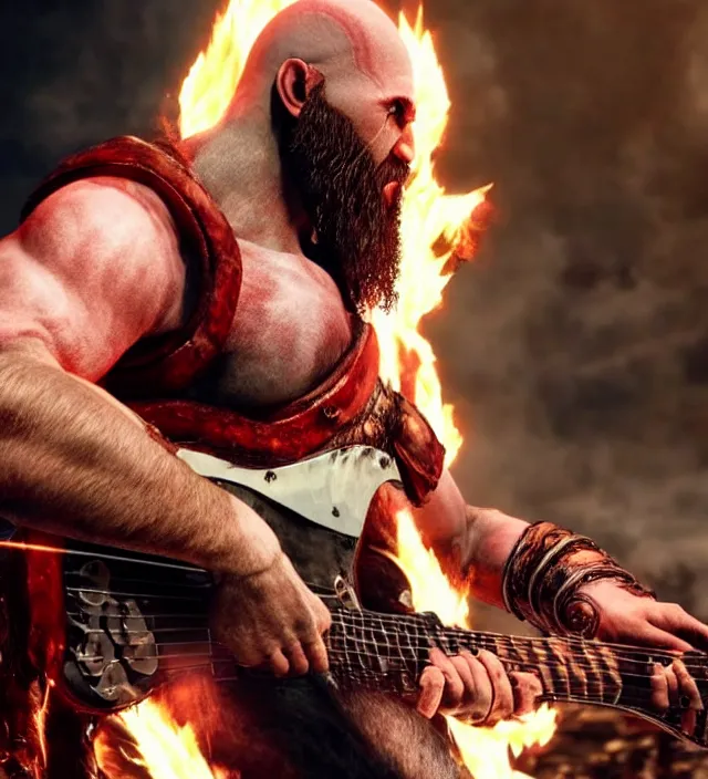 Prompt: kratos shredding on a flaming stratocaster guitar guitar, cinematic render, god of war 2 0 1 8, santa monica studio official media, lightning, stripe over eye, hands