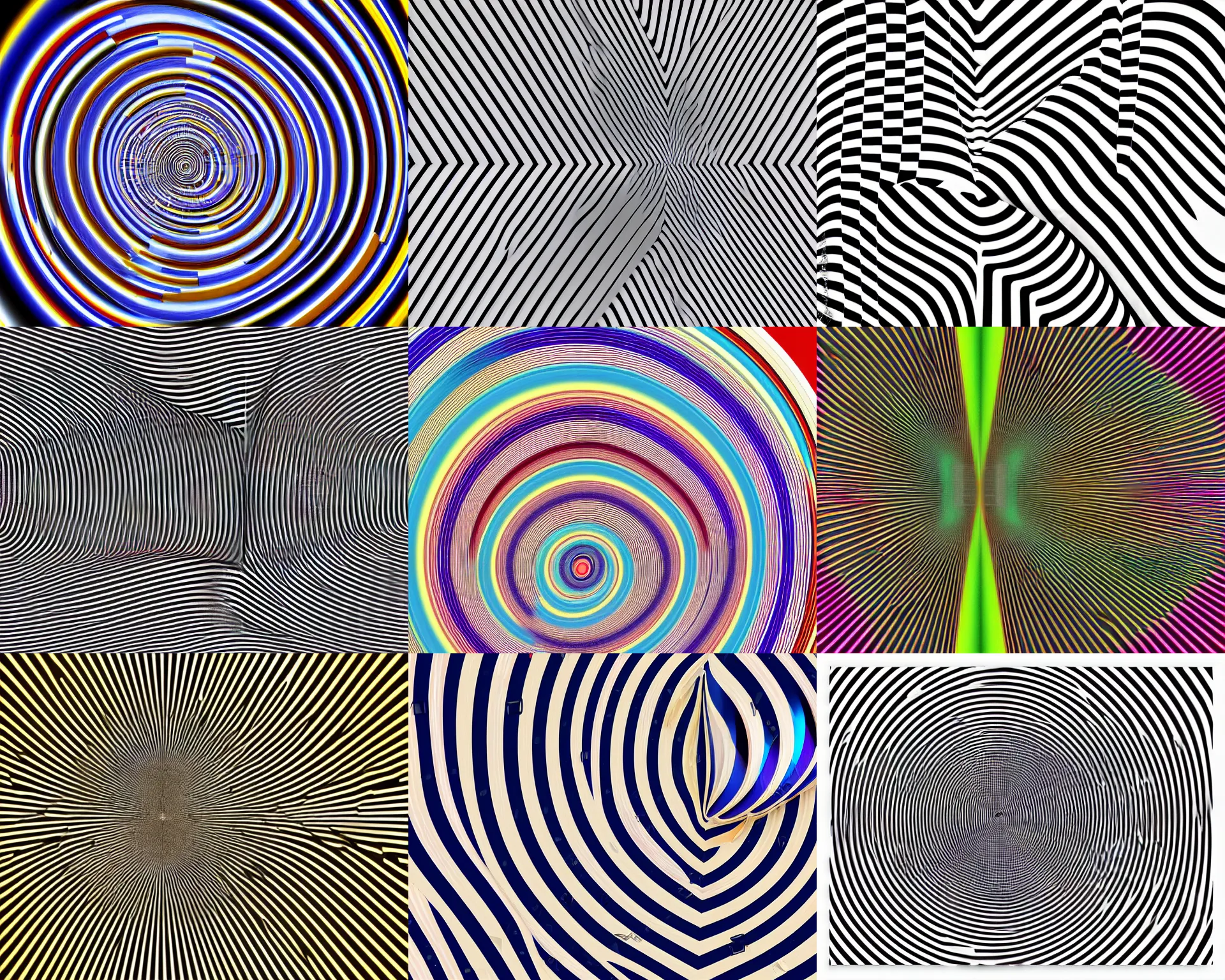 Prompt: the center of an image with stripes arranged around it, a raytraced image by yaacov agam, polycount, op art, hypnotic, quantum wavetracing, psychedelic