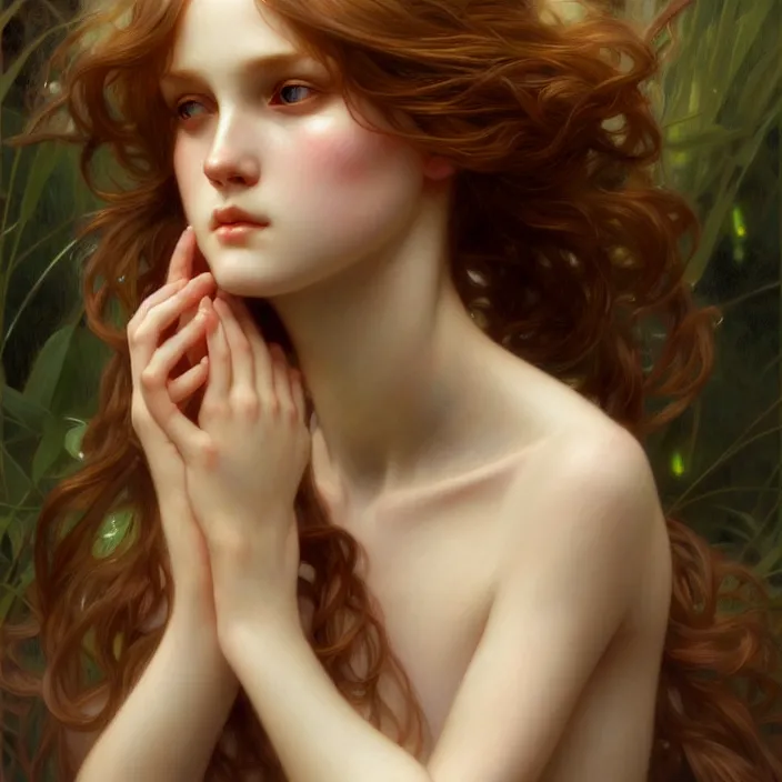 Image similar to pure innocence, diffuse lighting, fantasy, intricate, elegant, highly detailed, lifelike, photorealistic, digital painting, artstation, illustration, concept art, smooth, sharp focus, art by John Collier and Albert Aublet and Krenz Cushart and Artem Demura and Alphonse Mucha