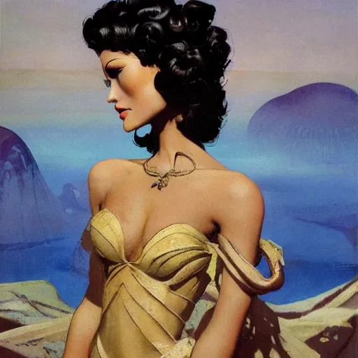 Prompt: a oil painting of a fair skin with dark curly stylised hair queen wearing dress, by hans emmenegger, by bruce pennington, by eyvind earle, by nicholas roerich, by frank frazetta, by georgia o keeffe, by dean cornwell, highly detailed, realistic, concept art, jewels, tiles curtains, oriental, desaturated