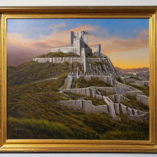 Image similar to A wide shot of Minas Tirith at golden hour, extra detailed, oil painting