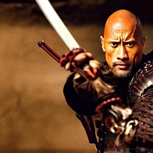 Image similar to a film still of Dwayne Johnson as samurai holding katana