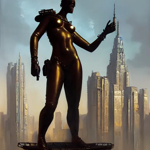 Prompt: a bronze statue stands as the centerpiece of cyberpunk new york city, fantasy, intricate, elegant, digital painting, trending on artstation, concept art, sharp focus, illustration by greg rutkowski, Gaston Bussiere and artgerm, 4k.