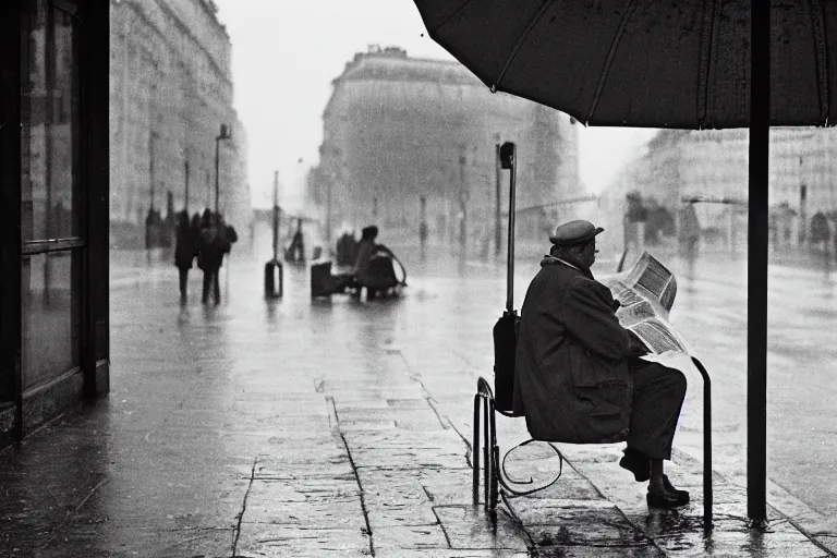 Image similar to a photojournalism photograph of an old man sat at the bus stop reading the newspaper, on a french parisian street in the morning on a rainy day, by henri cartier bresson, cinematic, beautiful lighting, leica