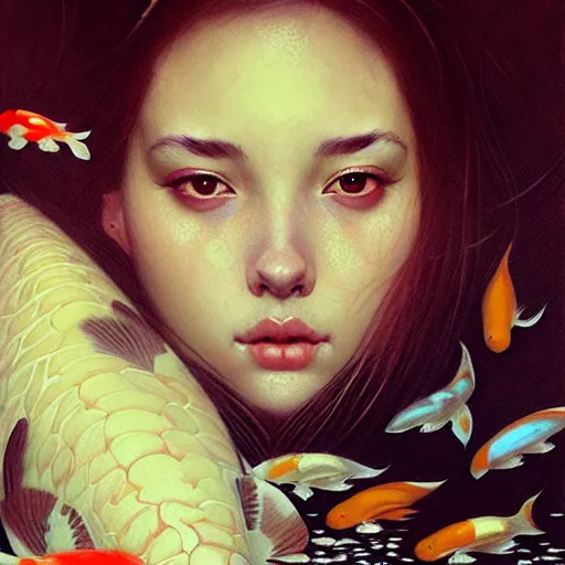Image similar to Portrait of a girl surrounded by Koi fish, face, fantasy, intricate, elegant, highly detailed, digital painting, artstation, concept art, smooth, sharp focus, illustration, art by Heady Tale and Artem Demura and Norman Rockwell