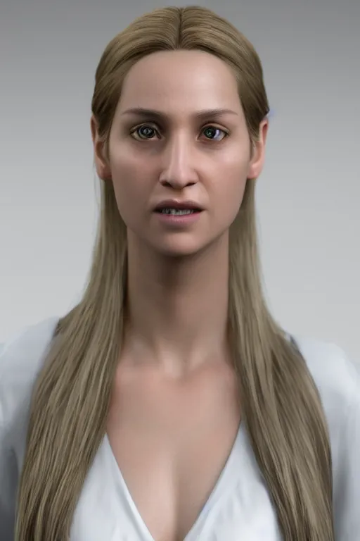 Image similar to fotorealistic 16K render of Zoe the female character from videogame Dramfall Chapters, photorealism, full body, white ambient background, unreal engine 5, hyperrealistic, highly detailed, XF IQ4, 150MP, 50mm, F1.4, ISO 200, 1/160s, natural light, Adobe Lightroom, photolab, Affinity Photo, PhotoDirector 365, realistic