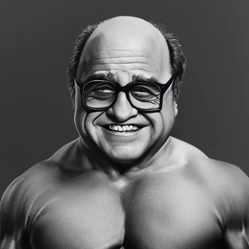 Prompt: danny devito with the physique of a body builder, hyper realistic and ultra detailed face, cinematic, dynamic lighting, photorealistic, refined, intricate, digital art, digital painting, masterpiece, 8k