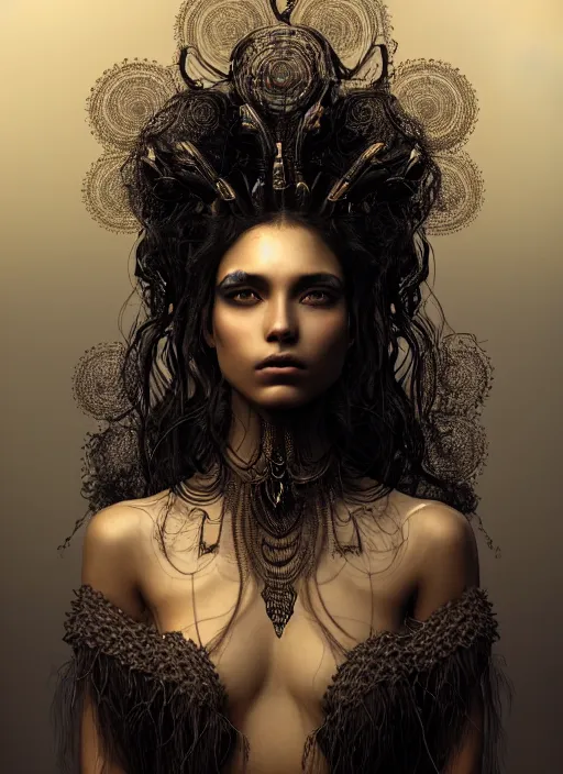 Prompt: a beautiful young woman with reflections in her eyes and dark curly hair, wearing a intricate dark shaman costume, nice skin, elegant, hot, graceful, fashionable, swirling dark energy in background, cinematic, hyperdetailed illustration by irakli nadar and alexandre ferra, intricate linework, depth of field, global illumination,