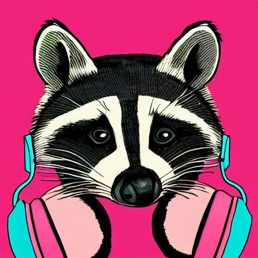 Prompt: racoon wearing pink headphones, chad, poster style, vivid colors