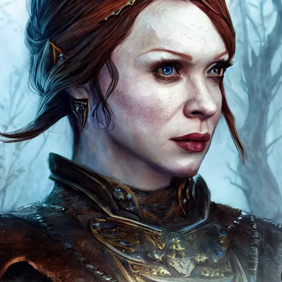 Image similar to photorealistic, christina rene hendricks as a skyrim warrior cosplay character, d & d, fantasy, highly detailed, digital art, trending on artstation, smooth, sharp focus, illustration, art by peter tang and artgem