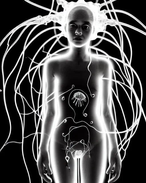 Image similar to black and white young cyborg-human-jellyfish-plant goddess high quality photo, microchip, artificial intelligence, bio-mechanical bio-luminescence, black wired cables, neurons, nerve cells, octane render, cinematic, rim light, hyper realism, photo-realistic, high detail, 8k, masterpiece, high fashion, in the style of Steven Meisel and Dora Maar and H.G. Giger