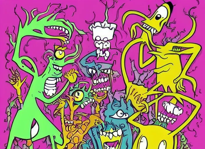 Prompt: aaahh!!! real monsters pop band, detailed facial expression, surrealism aesthetic