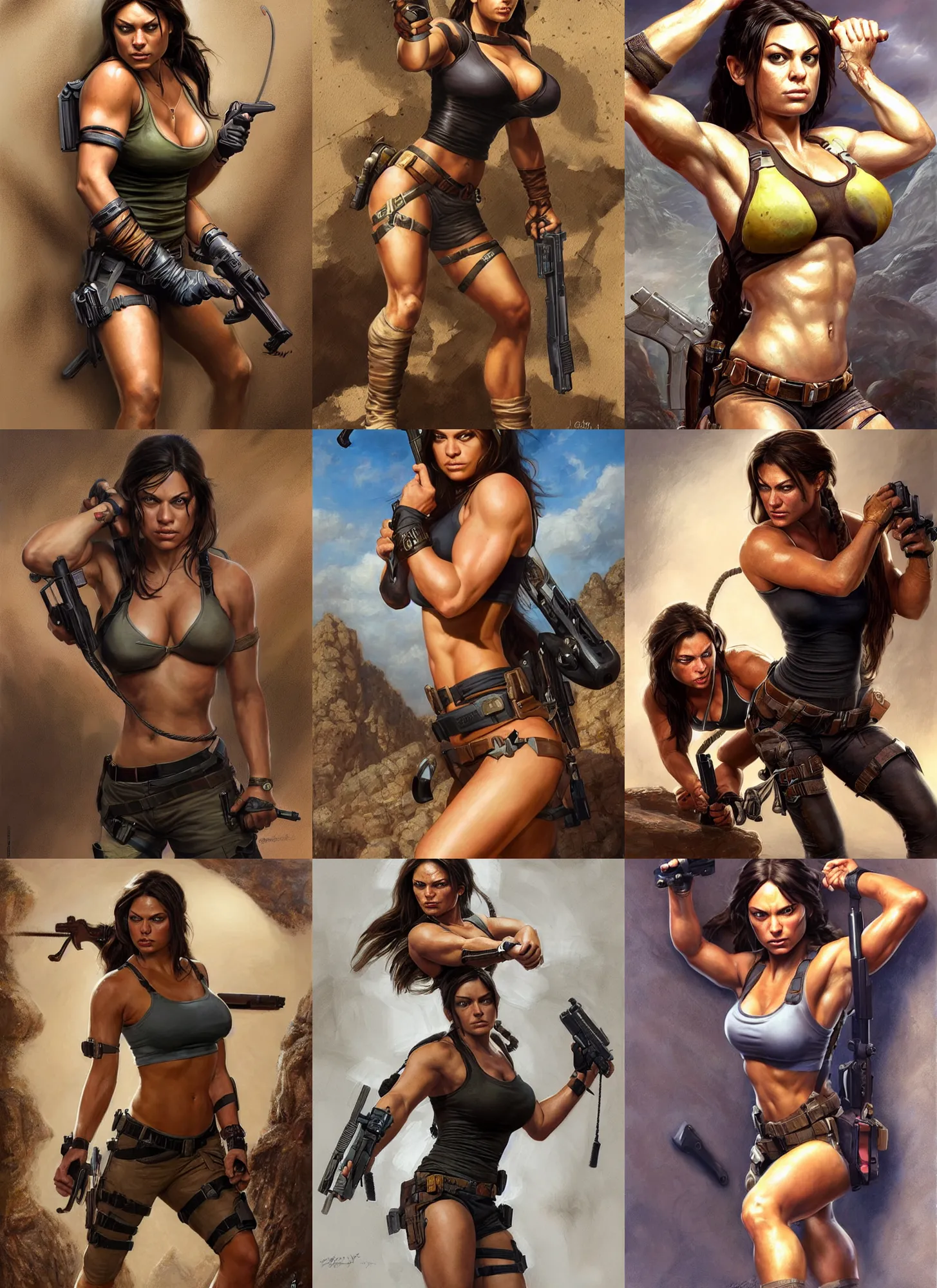 Image similar to portrait of very muscled Mila Kunis as Lara Croft with pistols drawn hiding from a few scary creepy mummies, elegant, highly detailed, centered, digital painting, artstation, concept art, artgerm, donato giancola, Joseph Christian Leyendecker, WLOP, Boris Vallejo, Artgerm