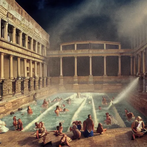 Prompt: Scene from Roman baths, people washing and frolicking, misty, steamy