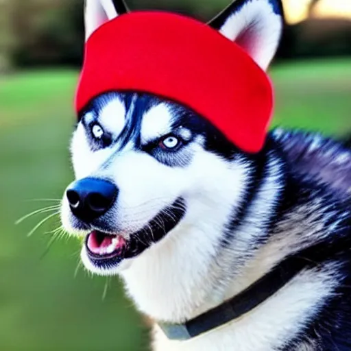 Image similar to A photo of a Husky dog wearing a hat