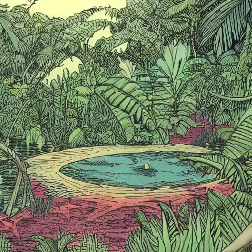 Image similar to a pond in a lush jungle, drawing by moebius