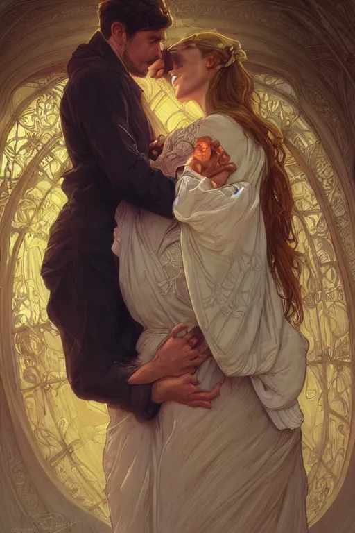 Image similar to portrait of a man in dhl van hugging his wife, feelings, romantic, fantasy, intricate, elegant, highly detailed, digital painting, artstation, concept art, smooth, sharp focus, illustration, art by artgerm and greg rutkowski and alphonse mucha