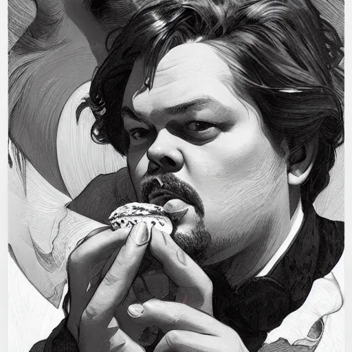 Image similar to amazing lifelike award winning pencil illustration of Orson Welles eating Hamburgers trending on art station artgerm Greg rutkowski alphonse mucha cinematic