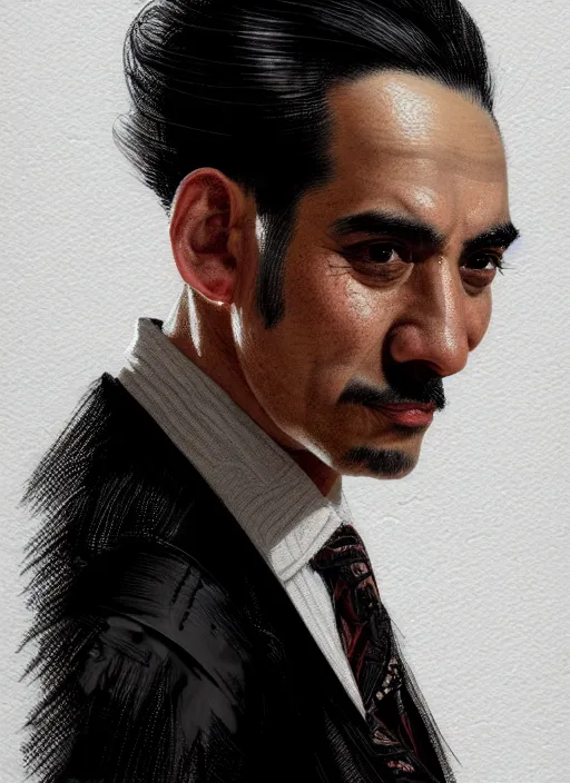 Image similar to portrait of a hispanic man with a crooked nose and a confident expression, 1 9 6 0 s, black clothes, punk, funk, intricate, elegant, highly detailed, digital painting, artstation, concept art, smooth, sharp focus, illustration, art by wlop, mars ravelo and greg rutkowski